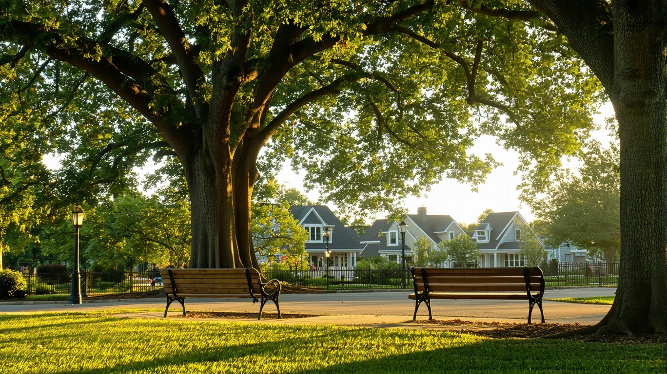 A peaceful park with oak trees, empty benches, and golden hour light stretching across a well-kept lawn.
