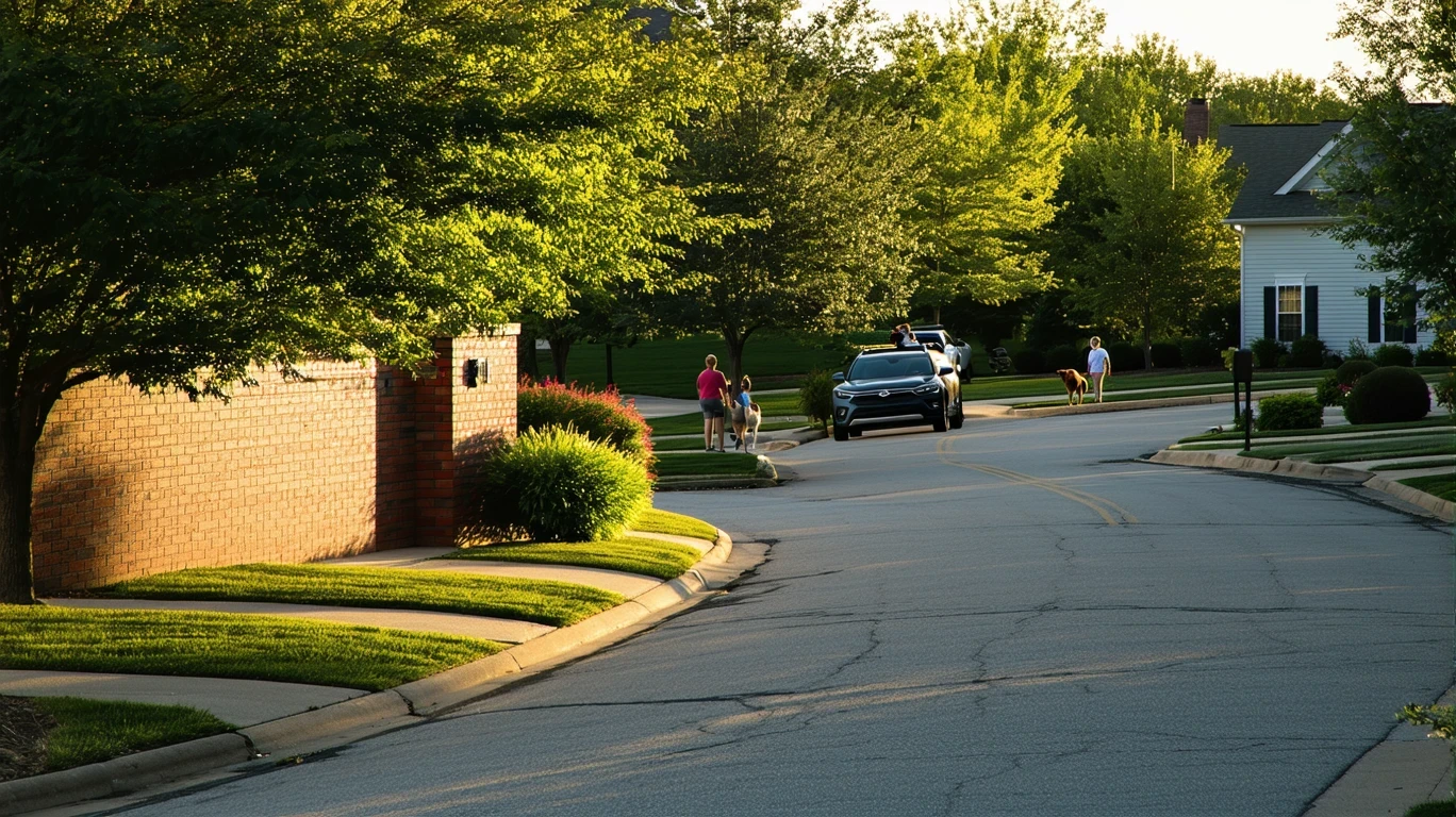 Cul-de-sac entrance in a suburb, with a brick wall, plants, and long shadows in morning light.