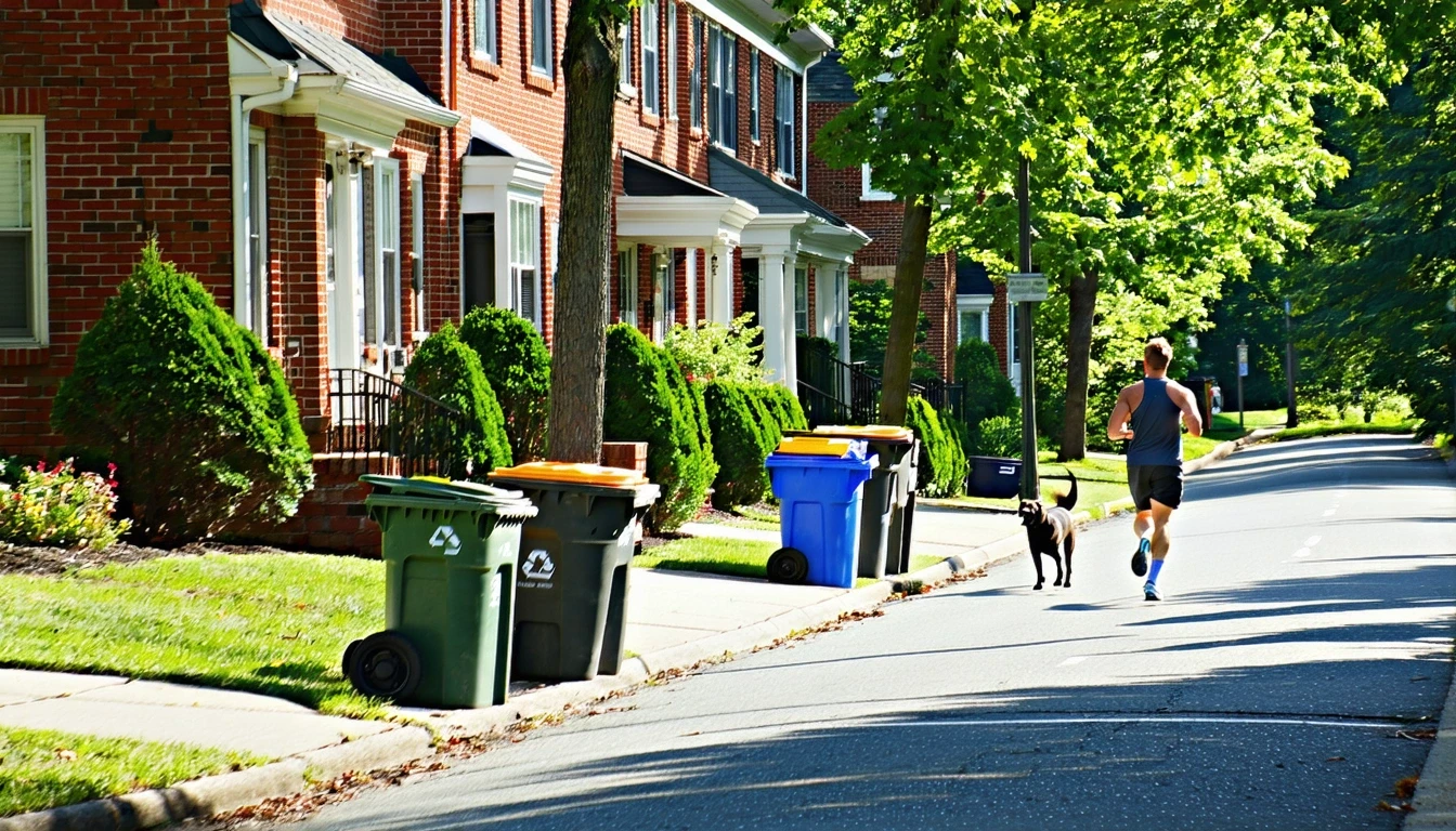 A tree-lined suburban street in Bethesda, Maryland with red-brick homes, recycling bins on the curb, and a jogger passing by on a sunny morning.