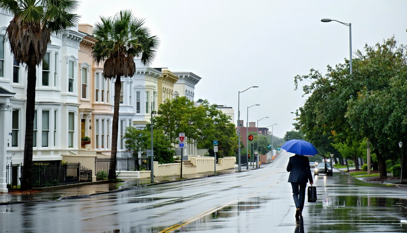 A Washington, DC avenue lined with row houses and palm trees on a rainy day, with a woman waiting at a bus stop and a man crossing the street.