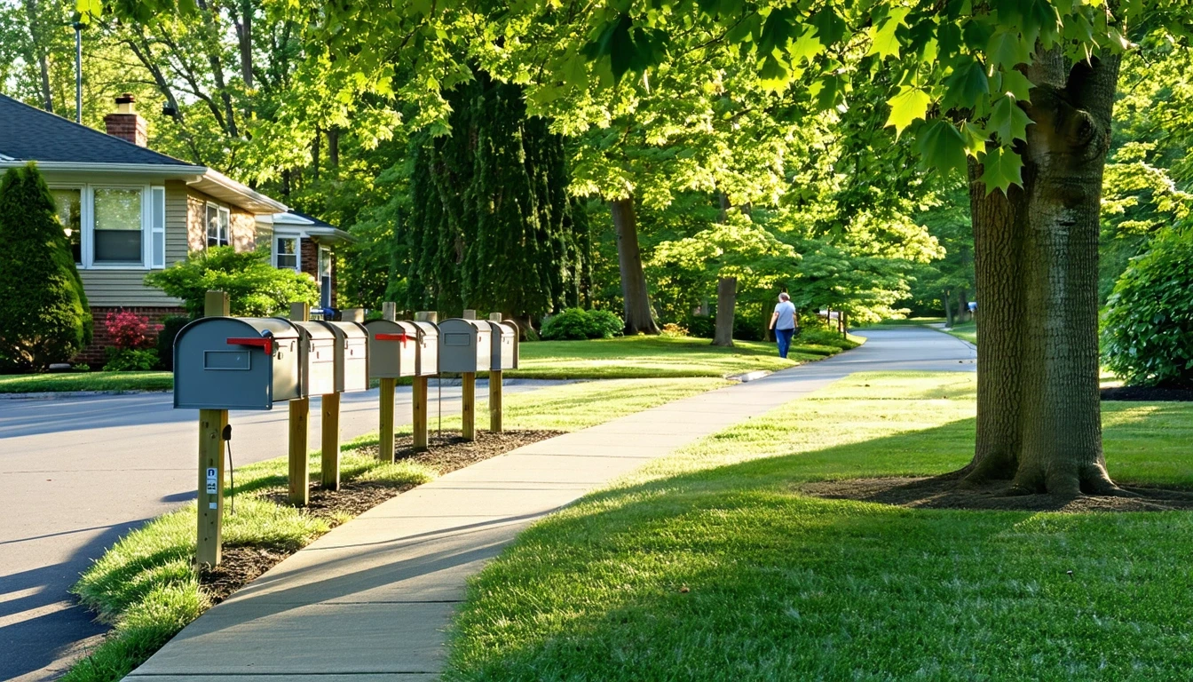A curving suburban sidewalk lined with gray mailboxes in front of a house on a sunny day.