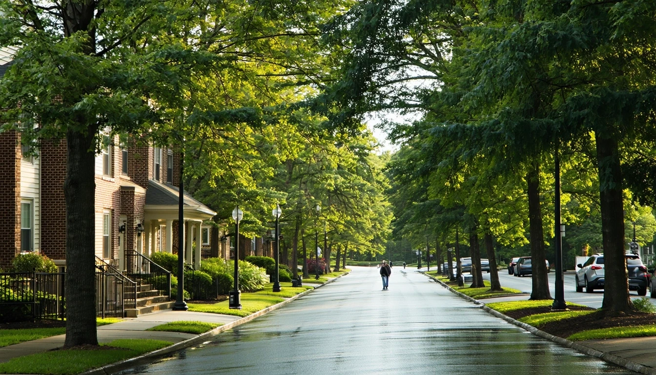 A tree-lined suburban street in Bethesda, MD with wet asphalt reflecting palm trees after a rain shower.