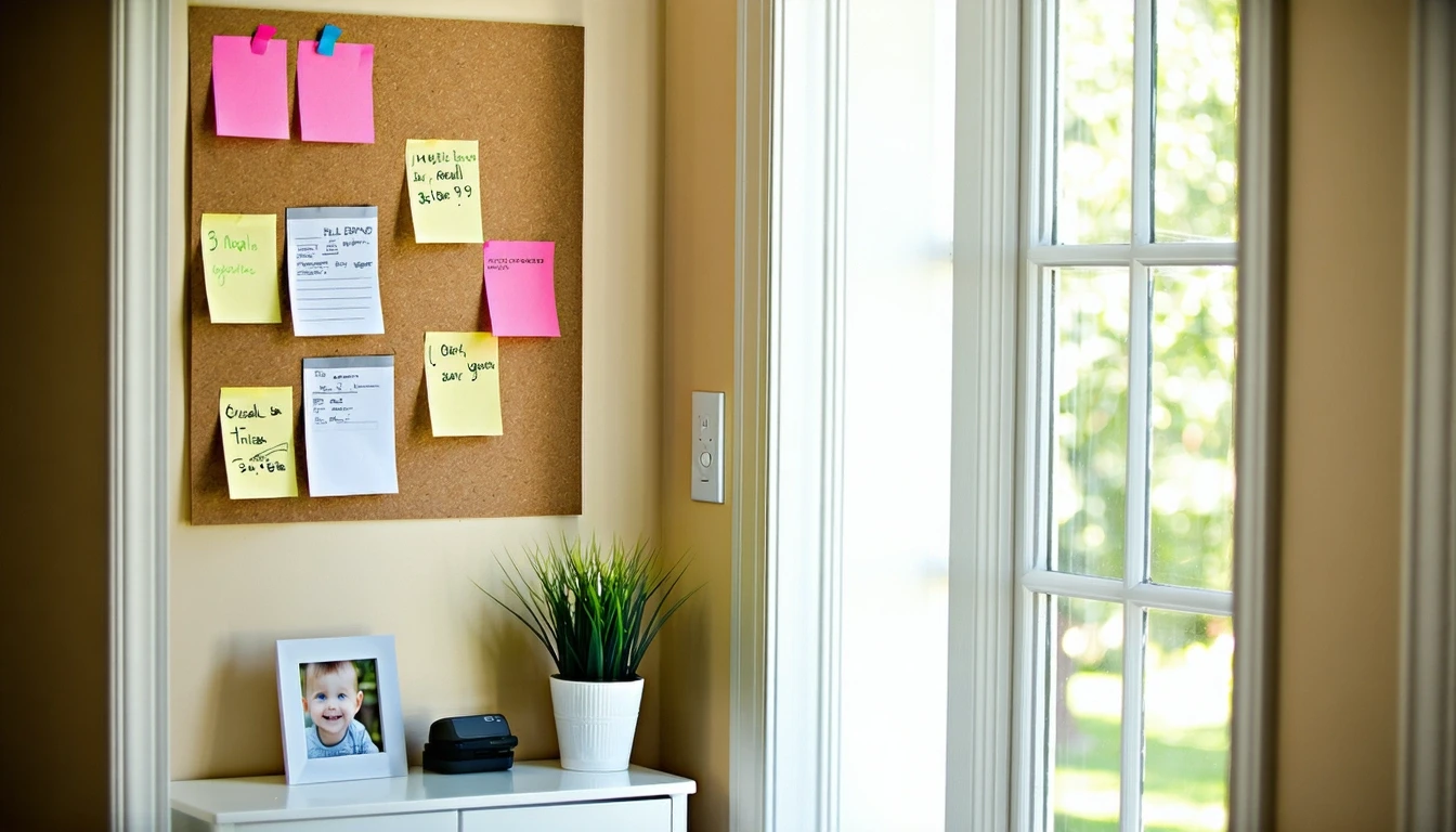 A corkboard with utility bills and budget notes pinned up in a sunlit home office nook.