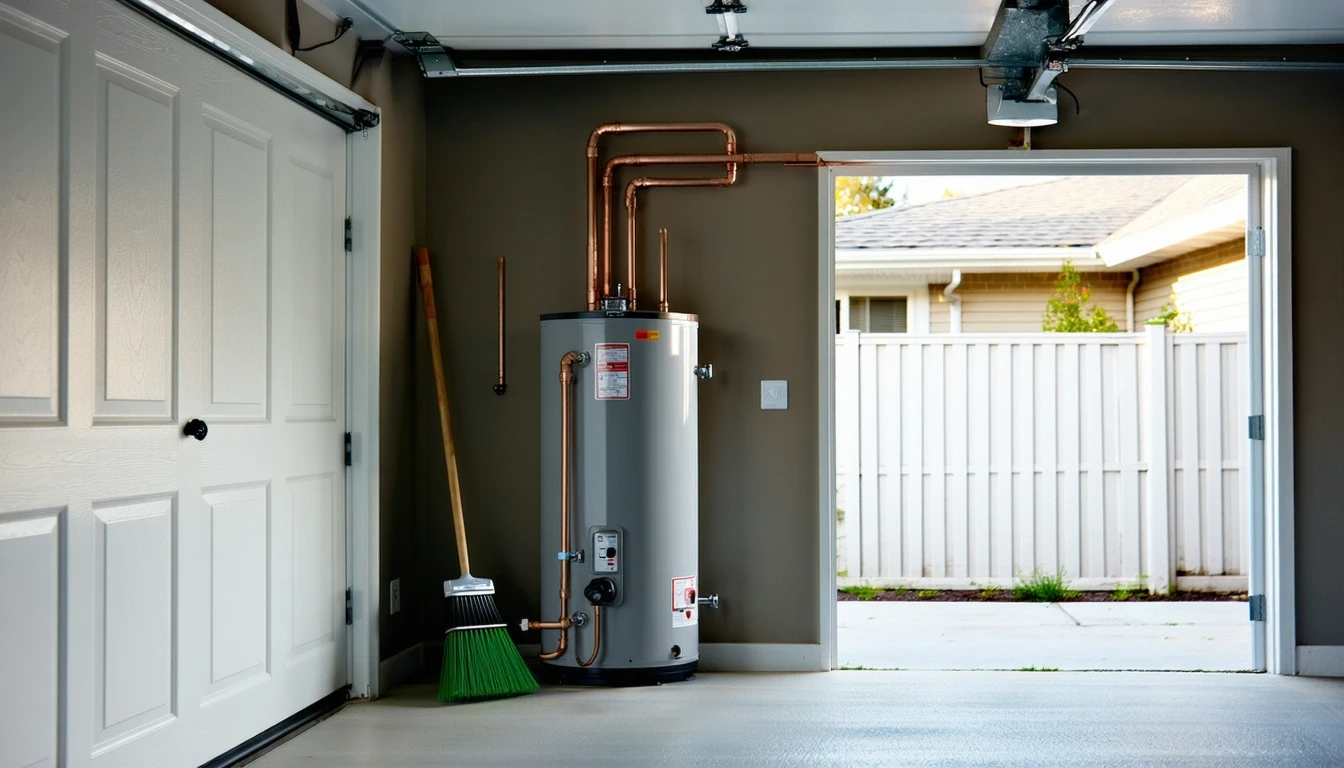 A water heater and pipes in the corner of a tidy suburban garage.