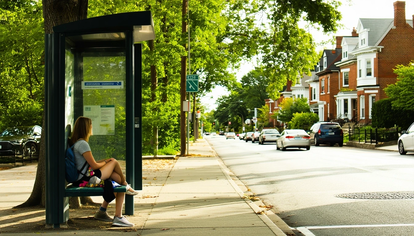 A woman waits at a bus stop bench in Bethesda, MD as cars pass by on the tree-lined street.
