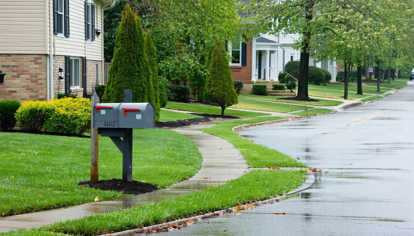 A curved sidewalk lined with mailboxes in front of modest homes in Bethesda, MD on a cloudy day.