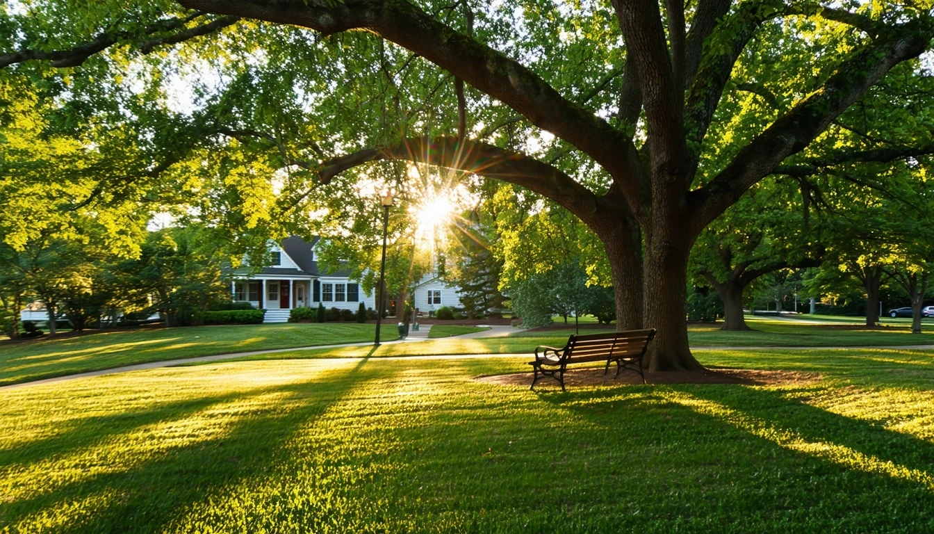 A peaceful park lawn shaded by oak trees in Mclean, VA with empty benches and upscale homes visible in the background.