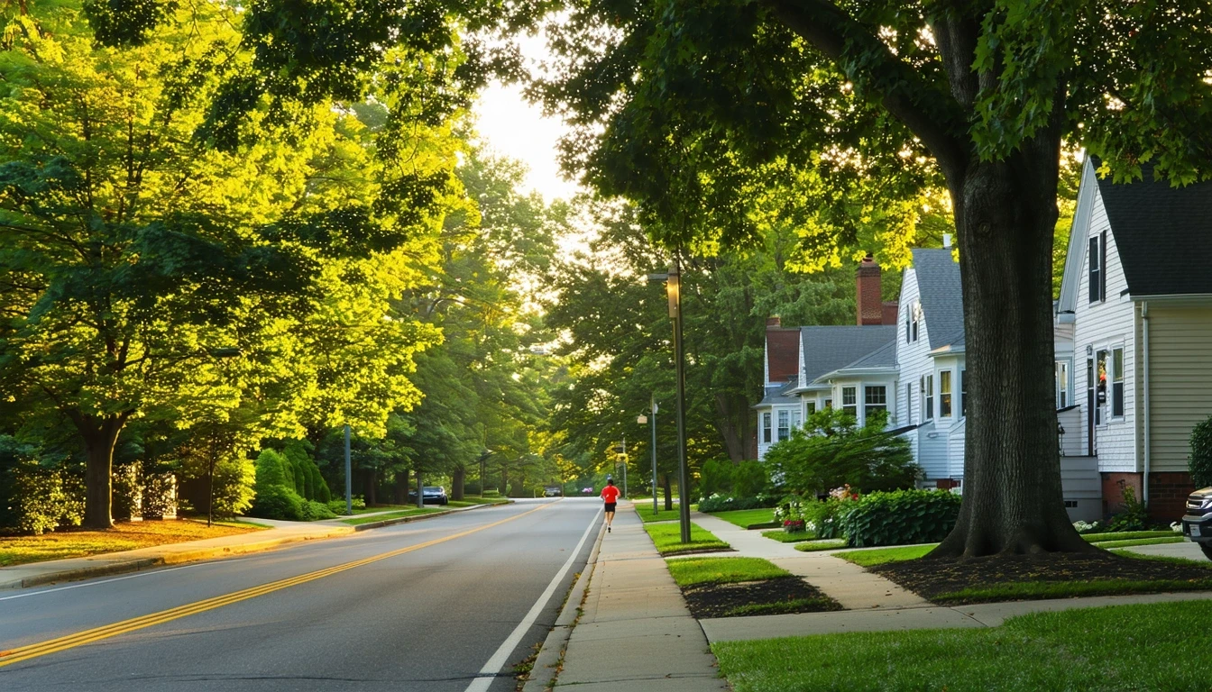 A tree-lined residential street in Bethesda, MD with one-story homes and a jogger on the sidewalk, early on a summer morning.