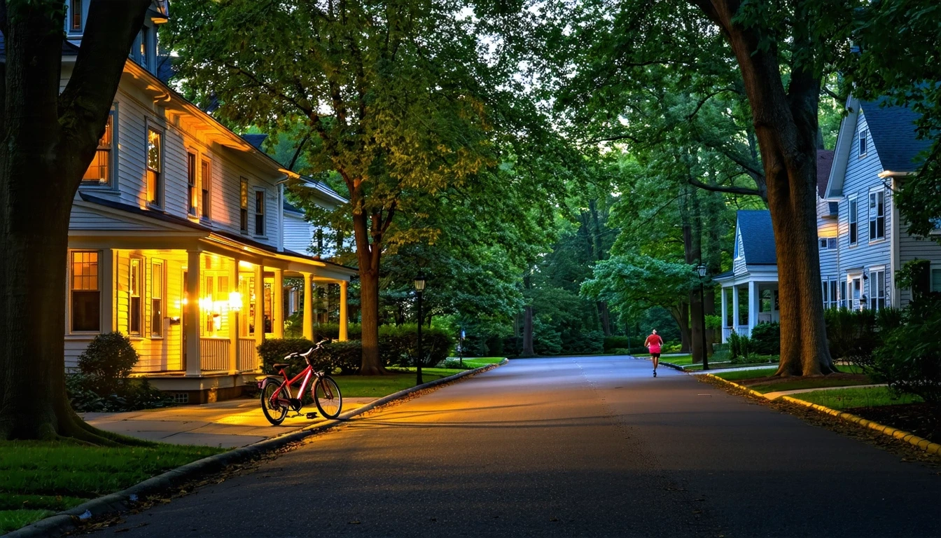 A quiet cul-de-sac in Bethesda, Maryland at dusk with porch lights illuminating well-kept homes and a child's bicycle near the curb.