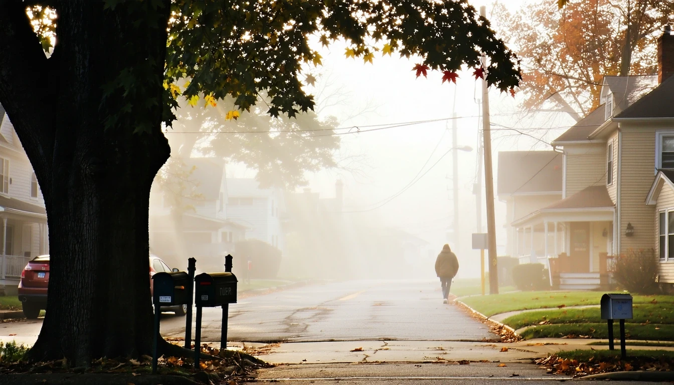 A foggy morning street in Bethesda, MD with mailboxes, a parked car, and a person walking on the sidewalk by suburban homes.