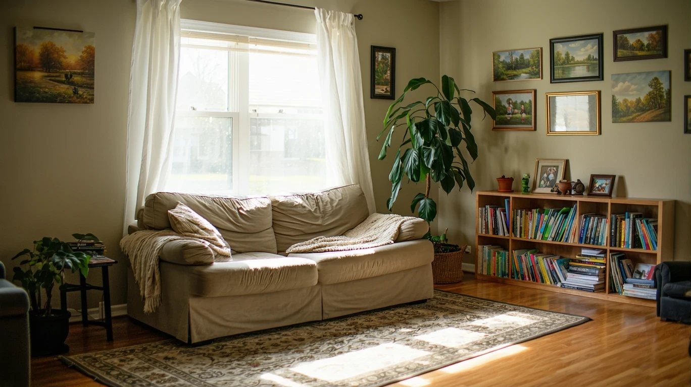 A cozy living room with a couch, bookshelf, and sheer curtains in soft light.