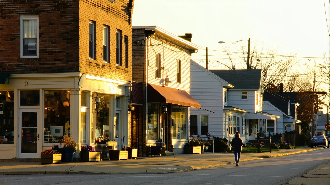 Quaint storefronts next to a residential street in Blaine, Minnesota at dusk, with a pedestrian walking on the sidewalk.