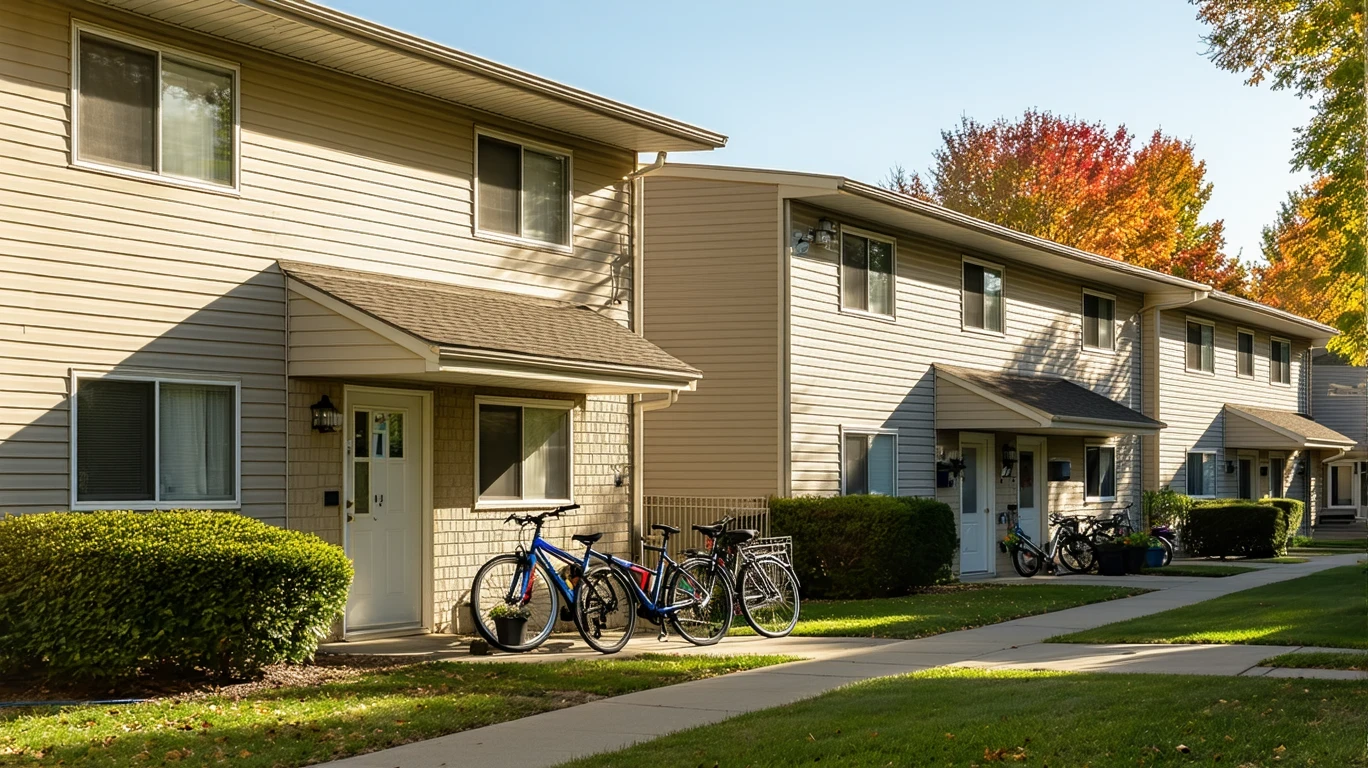 Exterior view of a small apartment row in Blaine, Minnesota on a sunny day, with bicycles by the doorways.