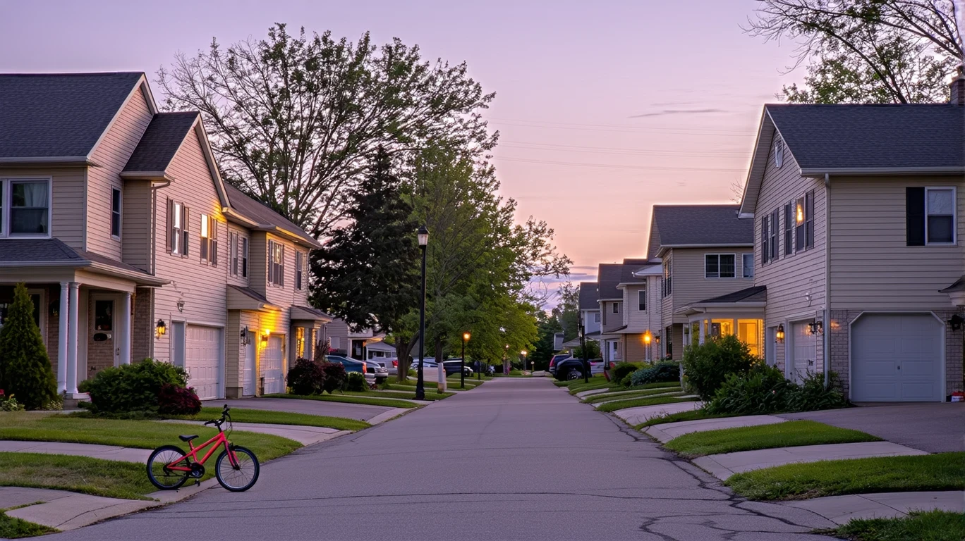 A cul-de-sac in Blaine, Minnesota at dusk, with a child's bicycle near the curb and porch lights turning on.
