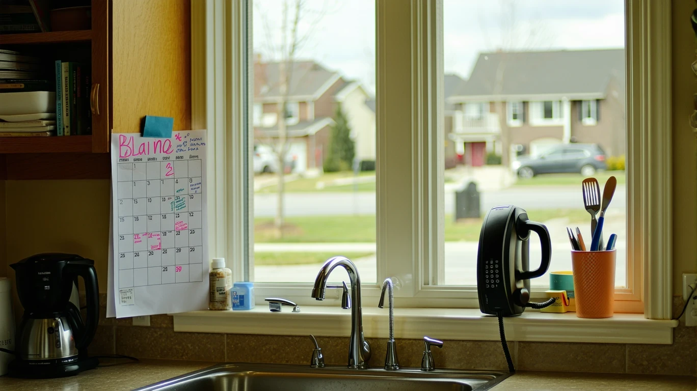 A calendar with circled dates pinned in a suburban kitchen with a view of tree-lined streets outside.