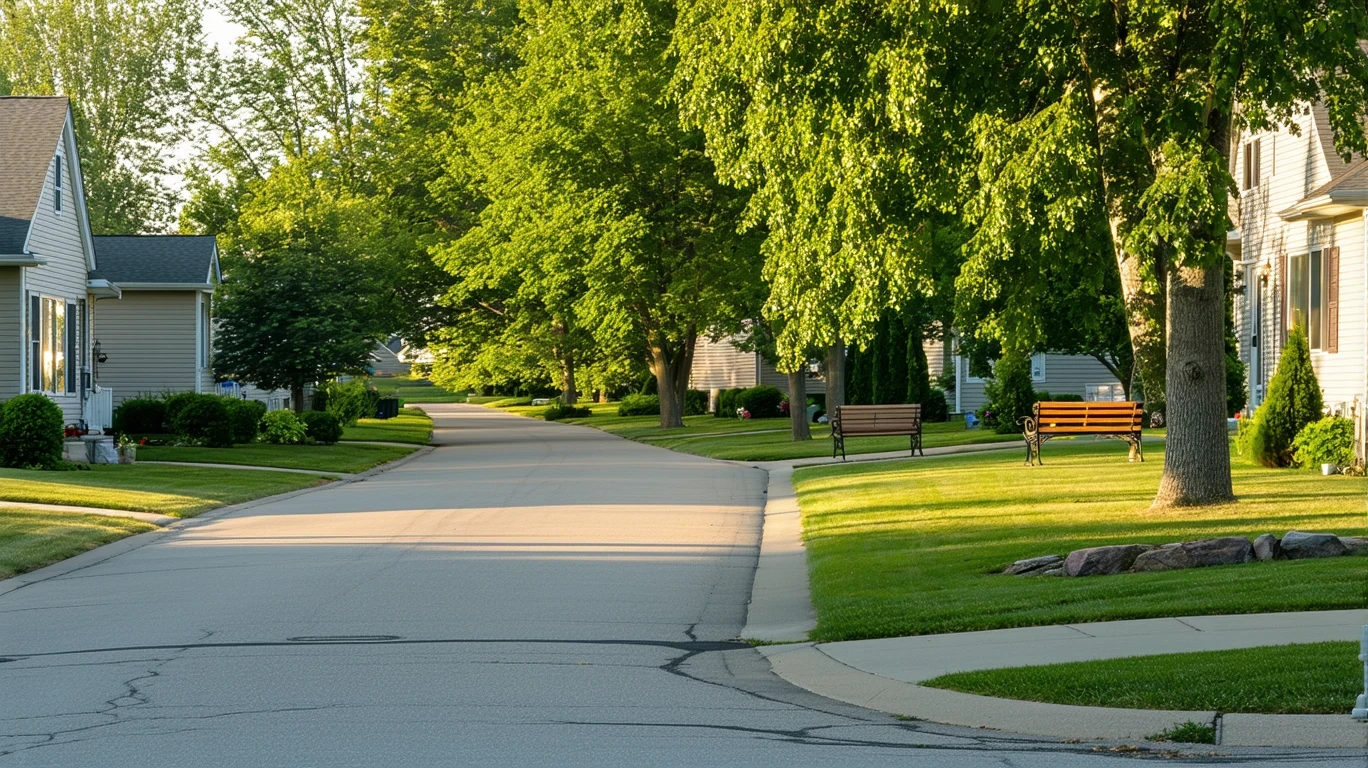 A suburban street in Blaine, Minnesota, with single-story homes, manicured lawns, and a neighborhood park with a path and bench.