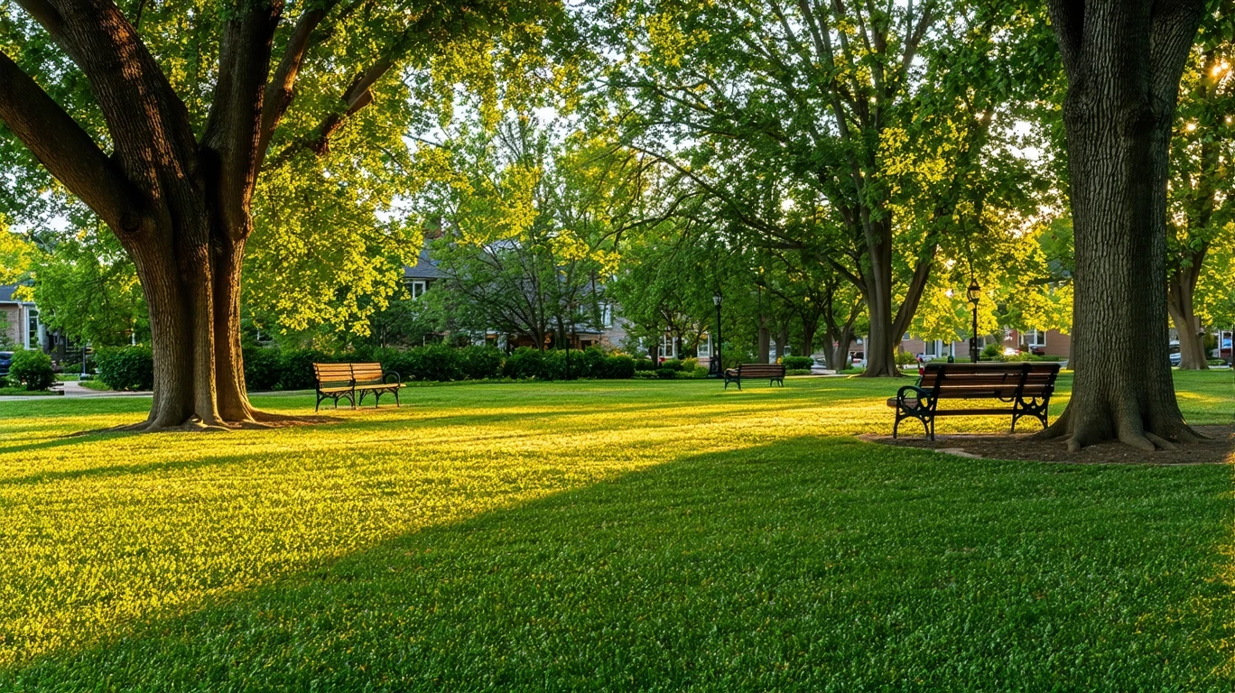 A park in Brooklyn Park, Minnesota, with a grassy lawn, old oak trees, empty benches, and golden-hour lighting.