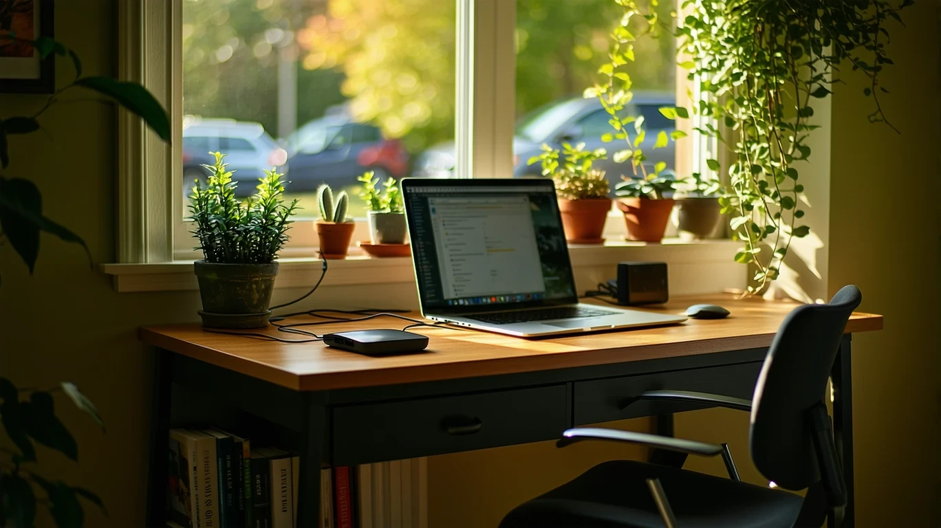 A tidy home office area with an ethernet cable connecting to a modem and router on a small desk.