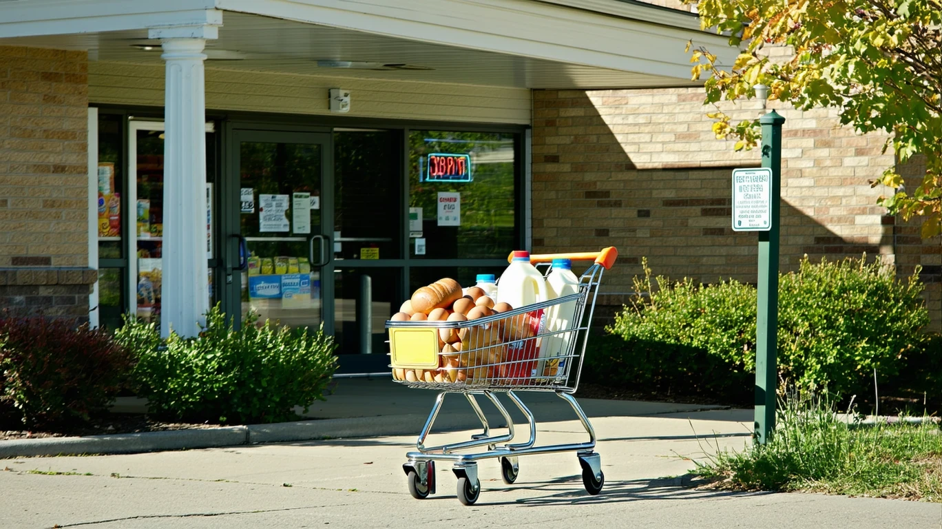 A half-full grocery cart with bread, eggs, apples and milk, stopped outside a local market entrance on a pleasant suburban morning.