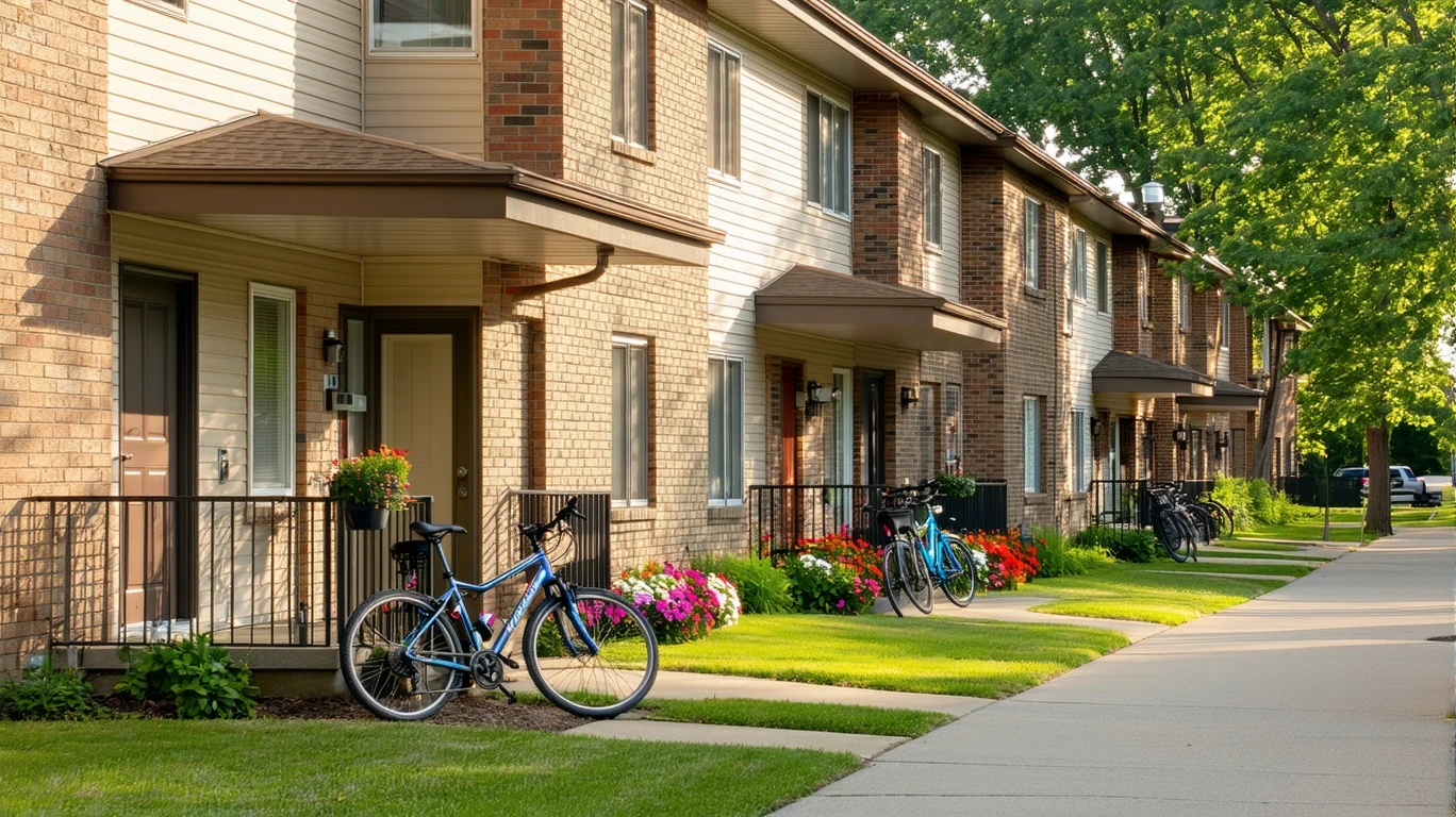 Exterior view of a small apartment building in Blaine, Minnesota with potted plants and bicycles.