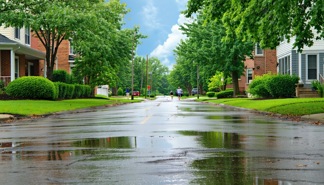 A suburban avenue in Troy lined with palm trees and tidy lawns, puddles on the sidewalk reflecting the trees after a rain shower.