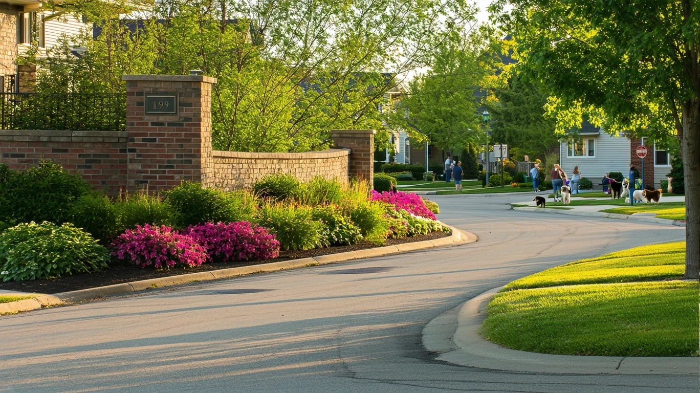 The entrance to a suburban cul-de-sac in Saint Paul, Minnesota with a low brick wall, native plants, and a few people walking in the distance.