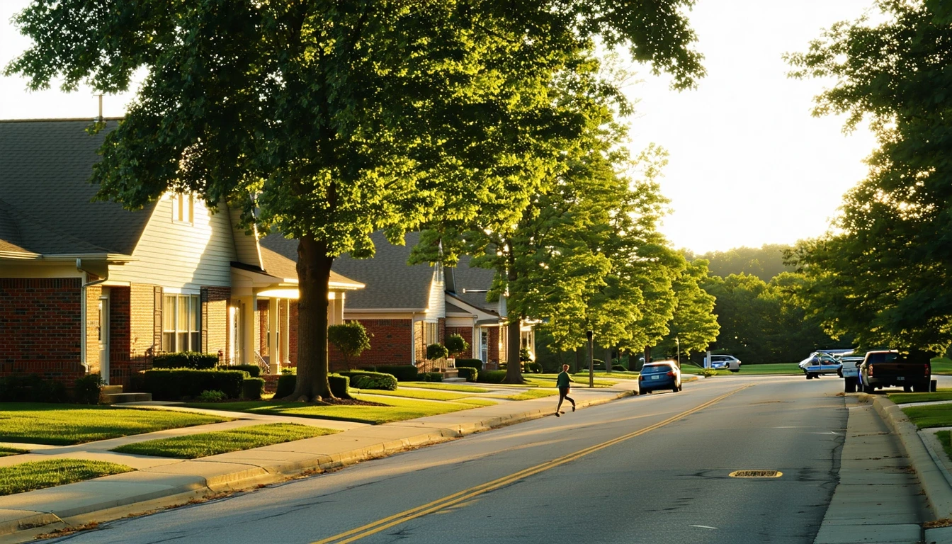 Residential street in Lees Summit, Missouri at sunrise with long shadows, leafy trees, and jogger on sidewalk in front of one-story homes.