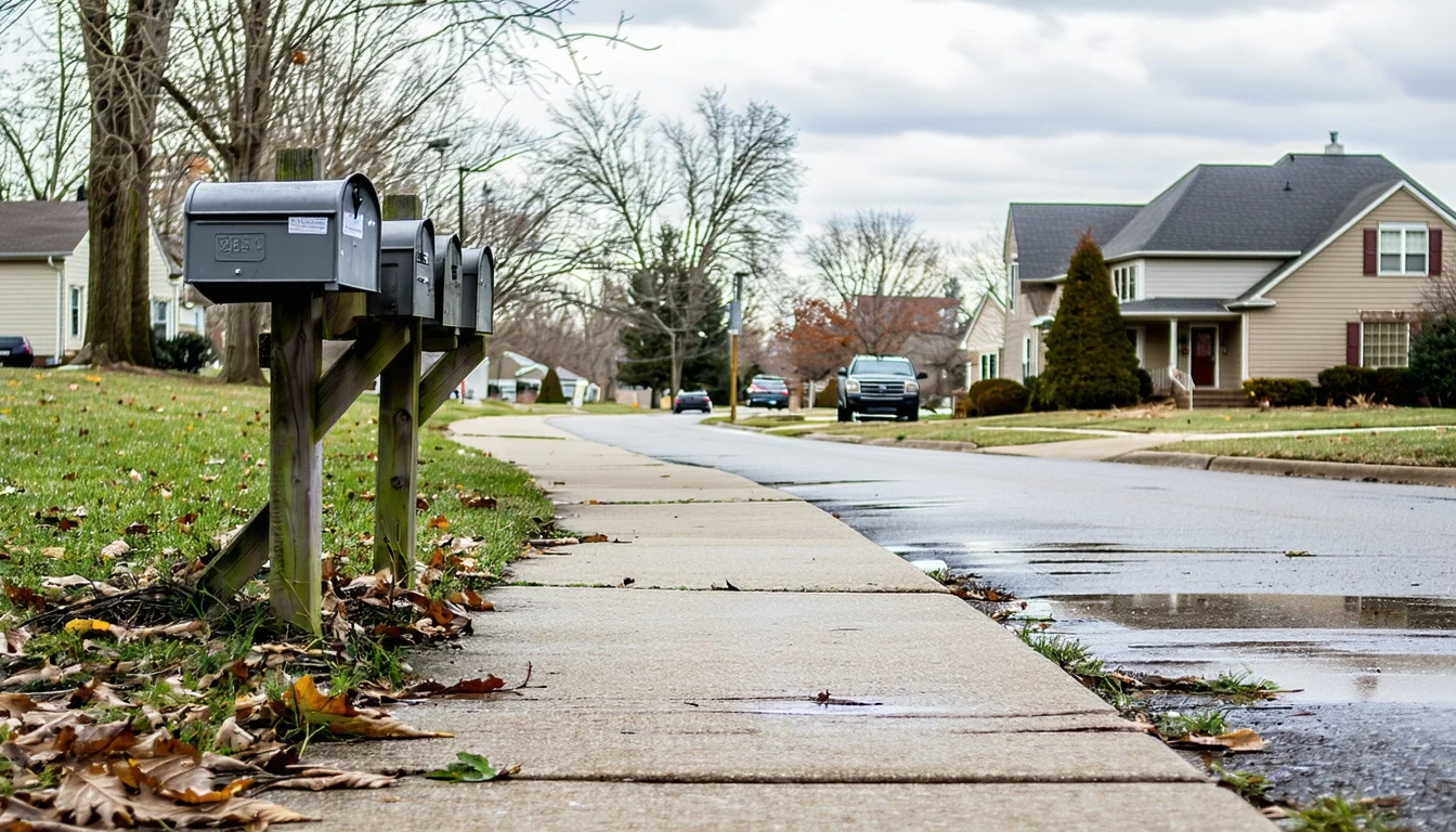 A view of an older residential street in Independence, Missouri on a cloudy day with a sidewalk and mailboxes.