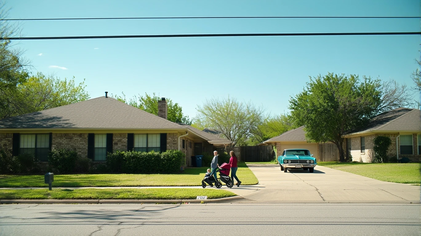 A sunny suburban corner with older homes, patchy lawns, a parked car and a couple pushing a stroller on the sidewalk.