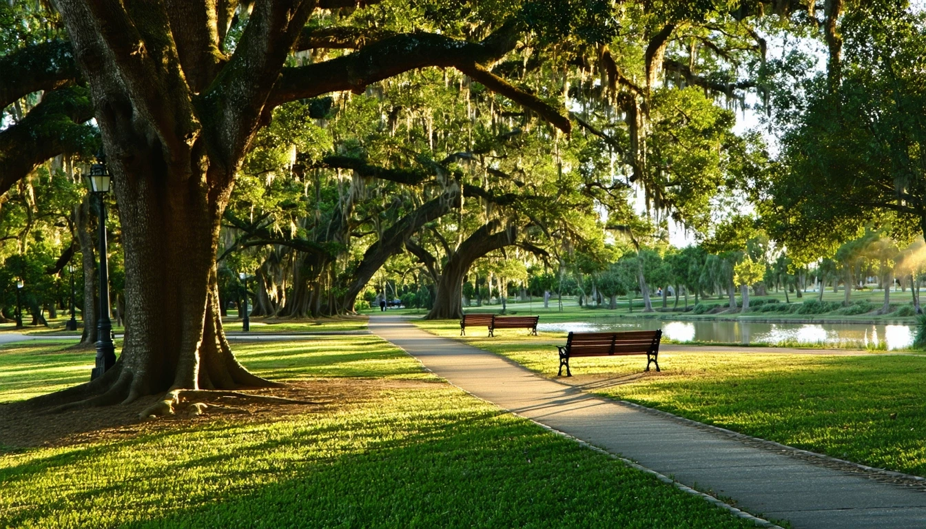 Quiet park with oak trees, empty benches, and golden-hour light on the lawn.