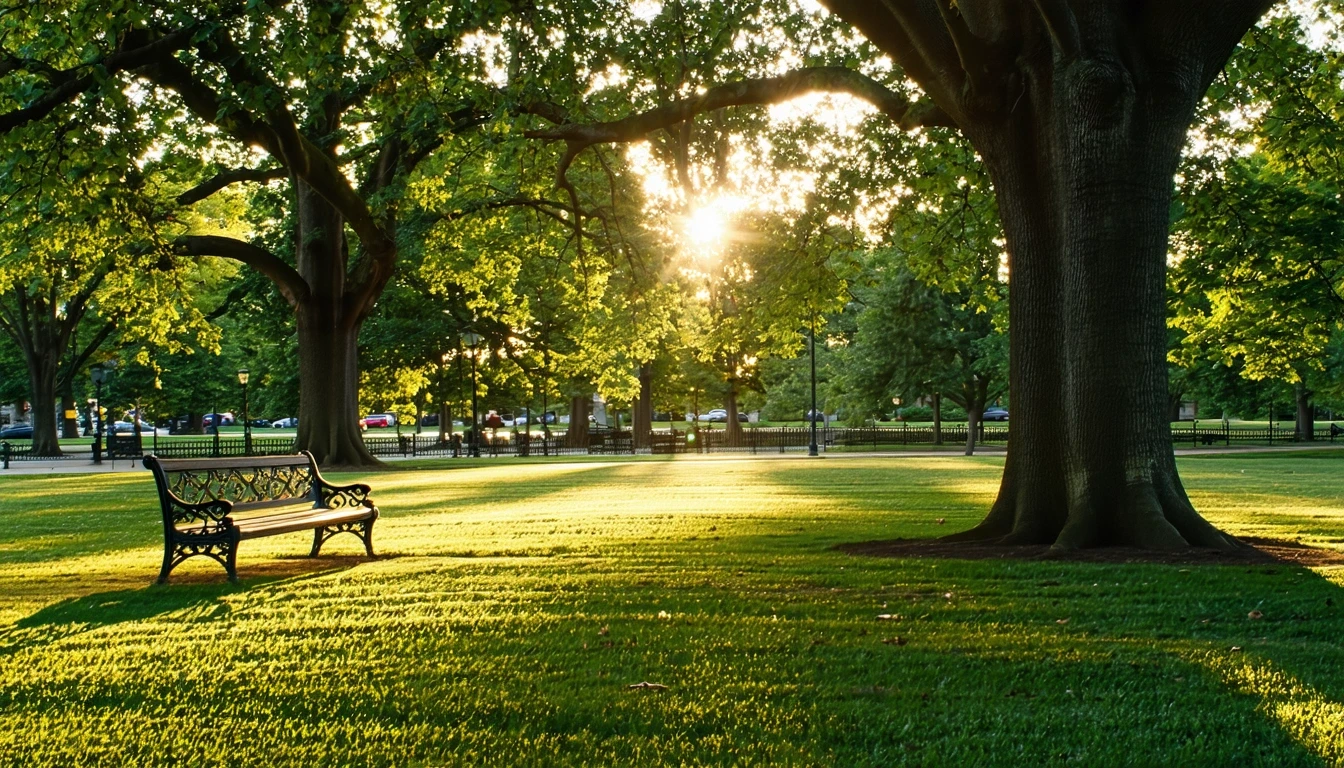 A peaceful park with old oak trees, empty benches, and golden-hour light in New Britain, Connecticut.