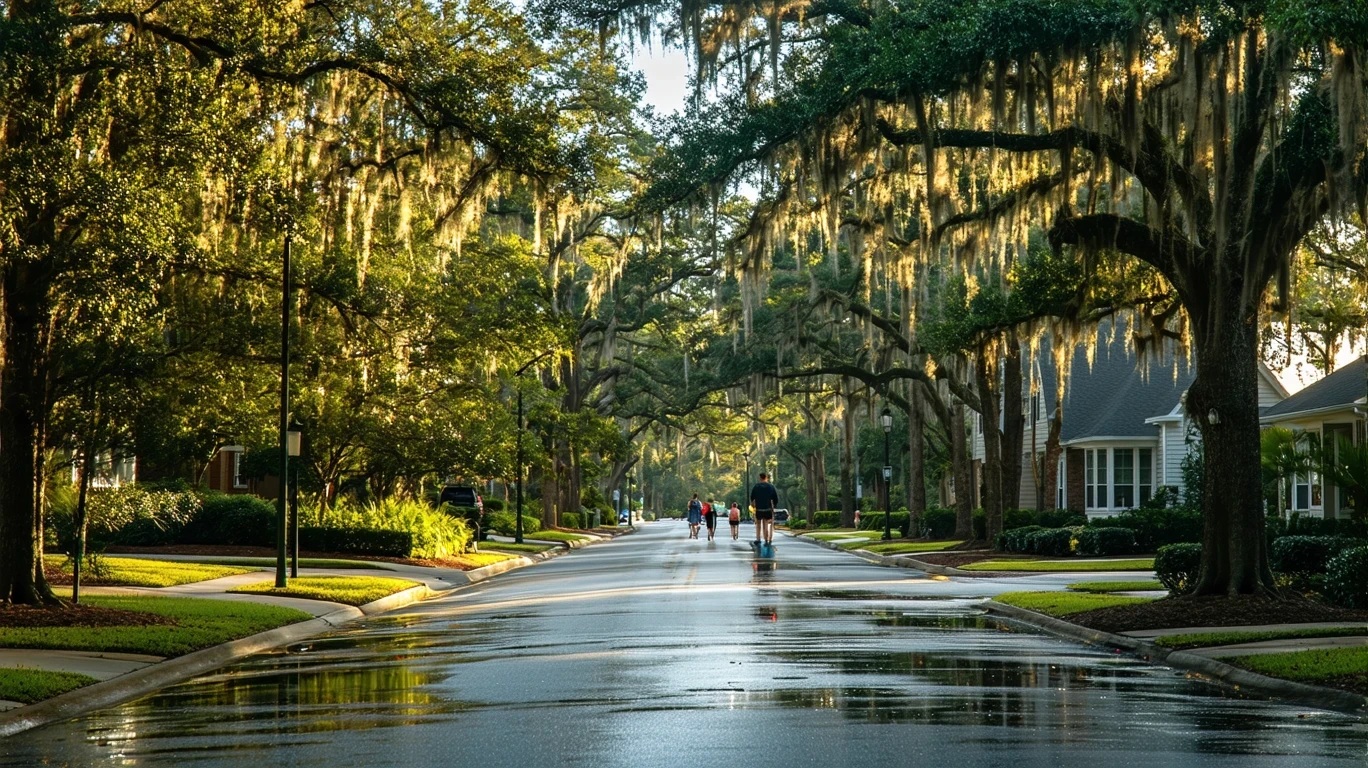 A tree-lined street in Brookhaven, Georgia after a rain shower, with palm trees reflected in puddles and people walking.