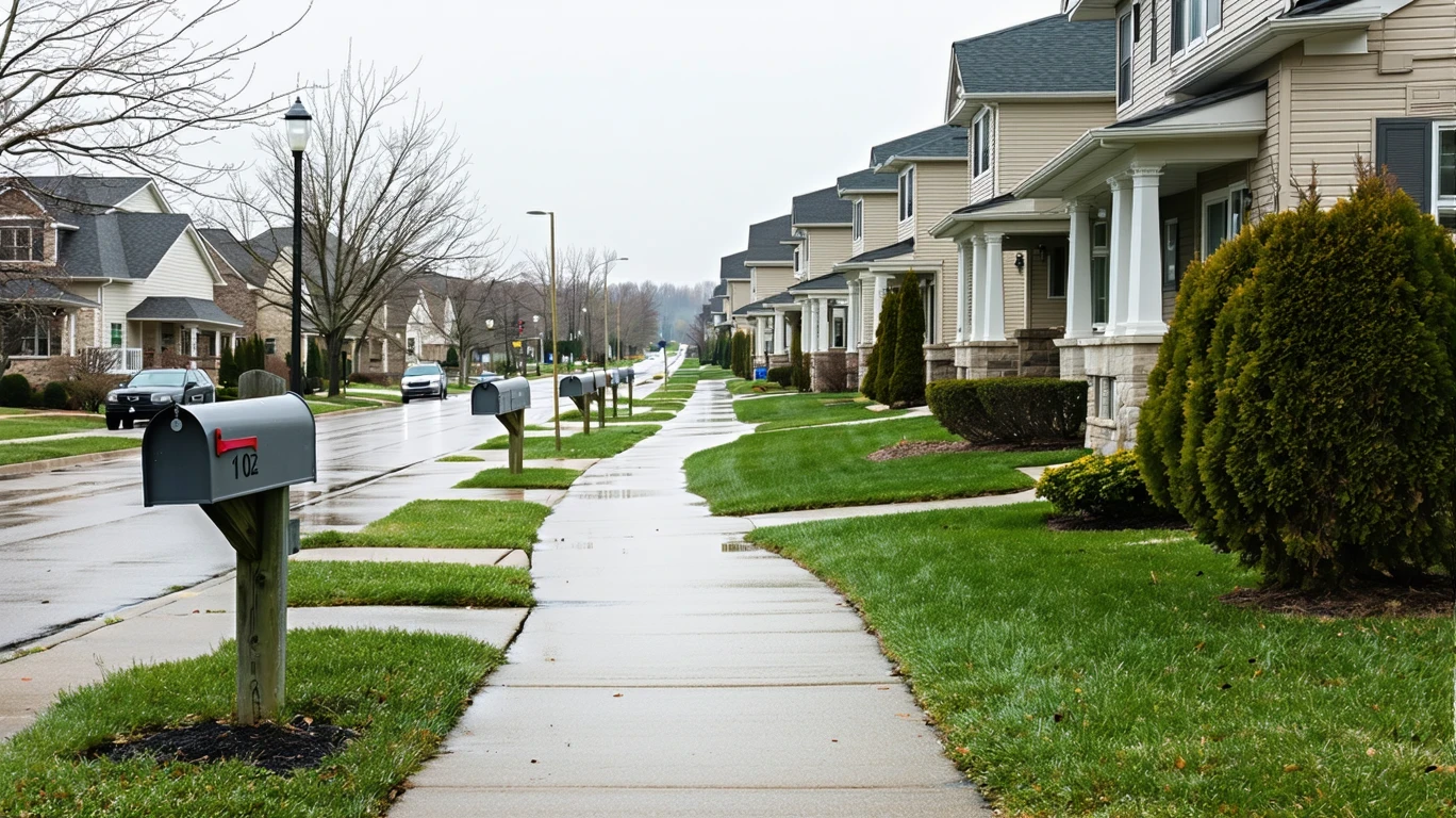 Sidewalk curving past a cluster of mailboxes in a Bloomington, Minnesota neighborhood with two-story homes and wet pavement on a cloudy day.