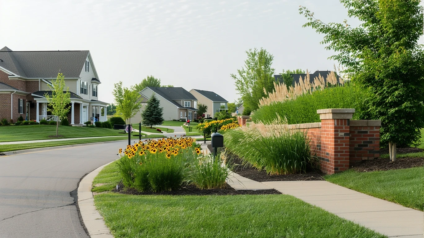 A cul-de-sac entrance with a low brick wall, native plants, and sidewalk in morning light.