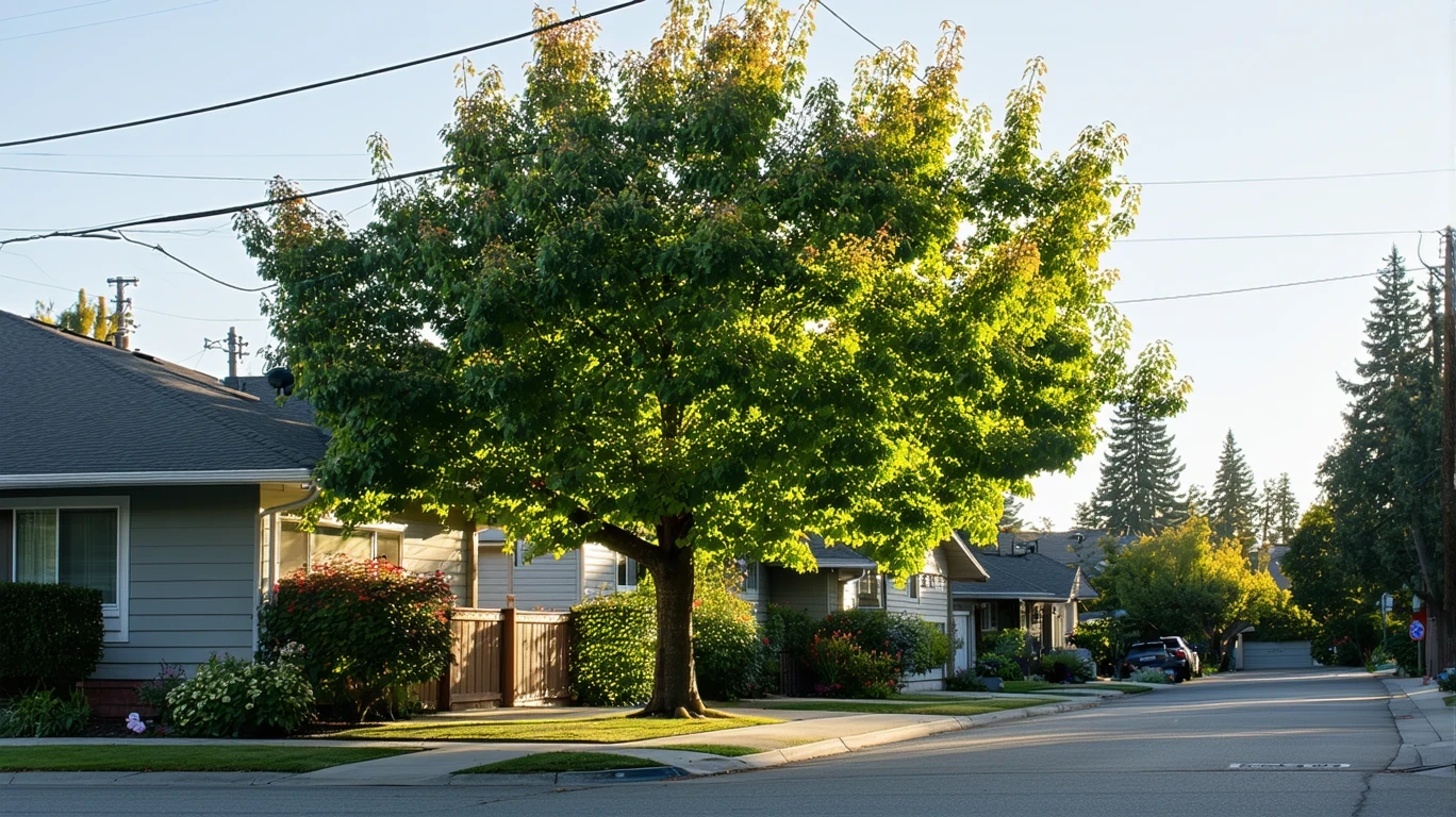 A tranquil suburban street in Anaheim with sunlight filtering through a maple tree onto the sidewalk, framed by neat single-story homes.