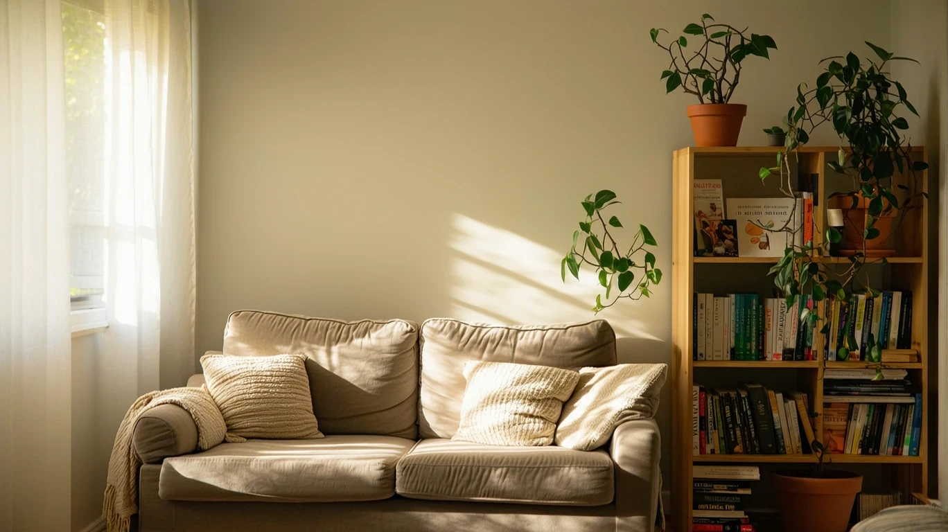 A small, sunlit living room with a couch, bookshelf, and houseplant in a Fullerton home.