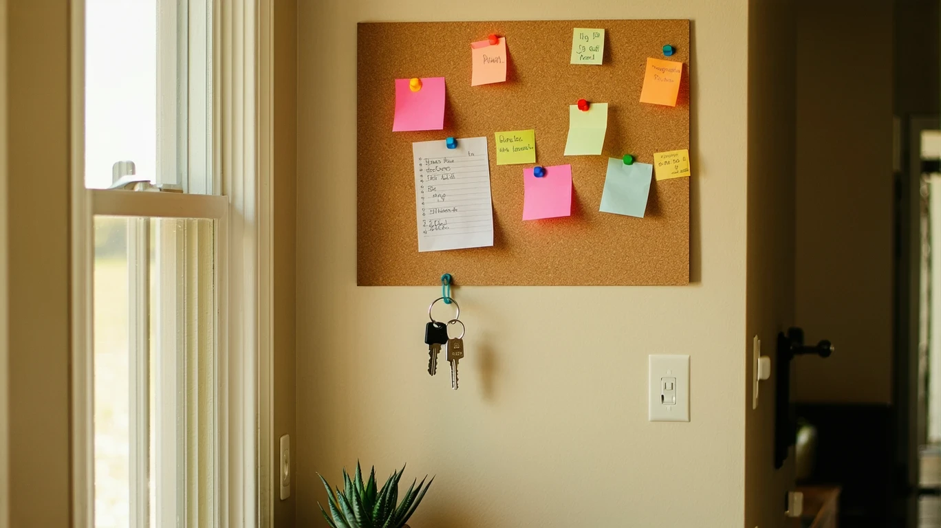 A corkboard in a hallway nook with utility bills, sticky notes, a goal list, and keys hanging from pushpins, with a succulent and a tidy home visible in the background.