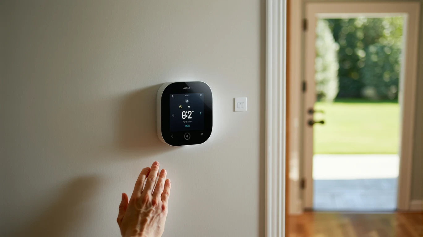 A hand reaching to adjust a smart thermostat mounted in a hallway of a suburban home.