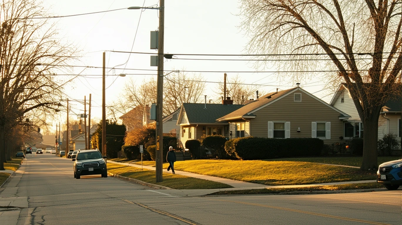 A residential street corner in Burnsville with older homes, patchy lawns, and a parked car.