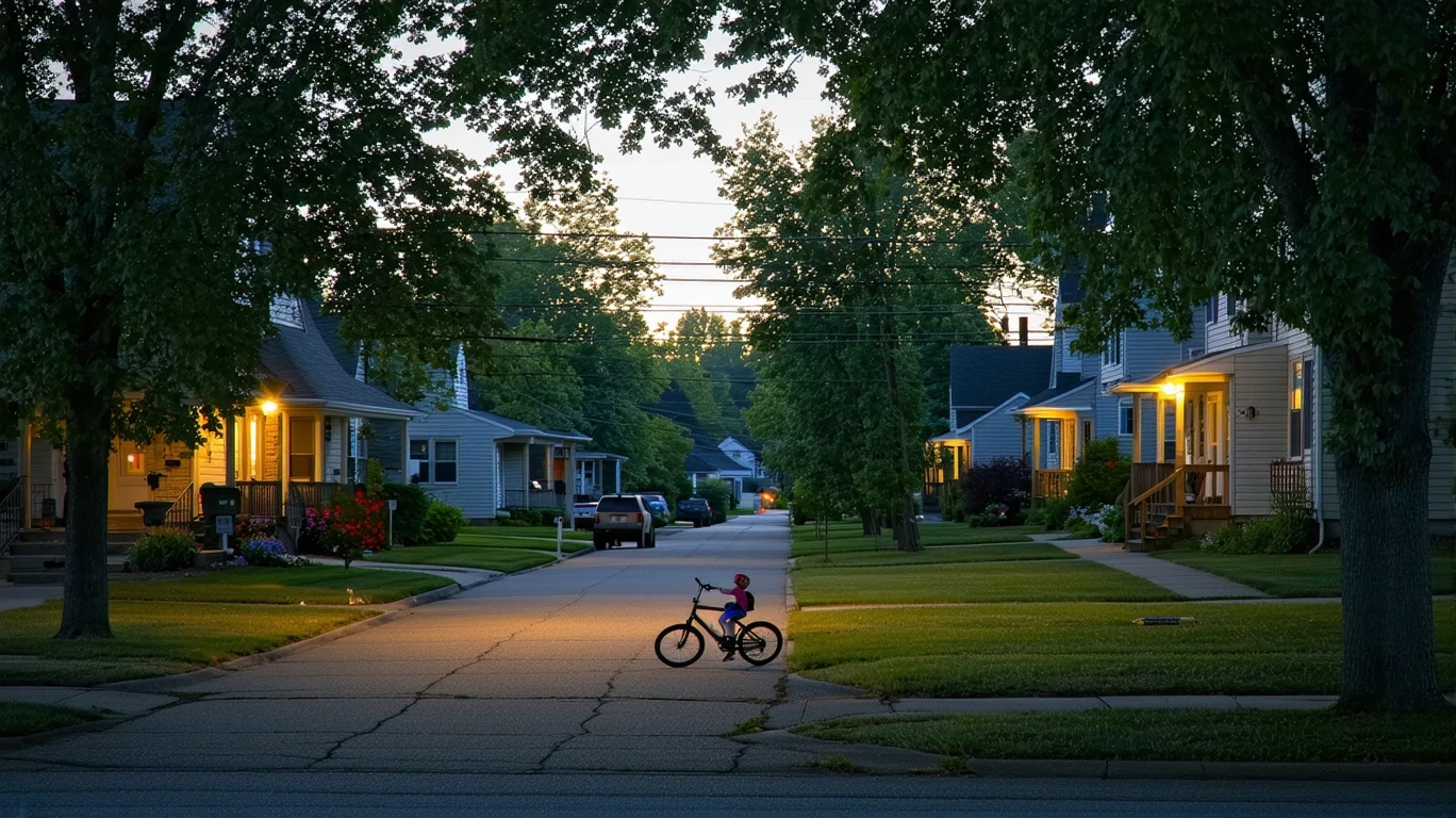 A quiet cul-de-sac in Burnsville, Minnesota at dusk, with a child's bicycle near the curb and porch lights illuminating the homes.