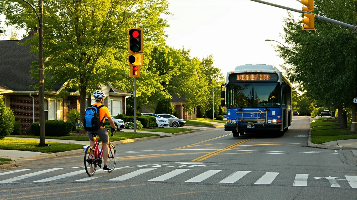 A city bus stops at a crosswalk in a tree-lined suburban neighborhood as a cyclist waits to cross the street.