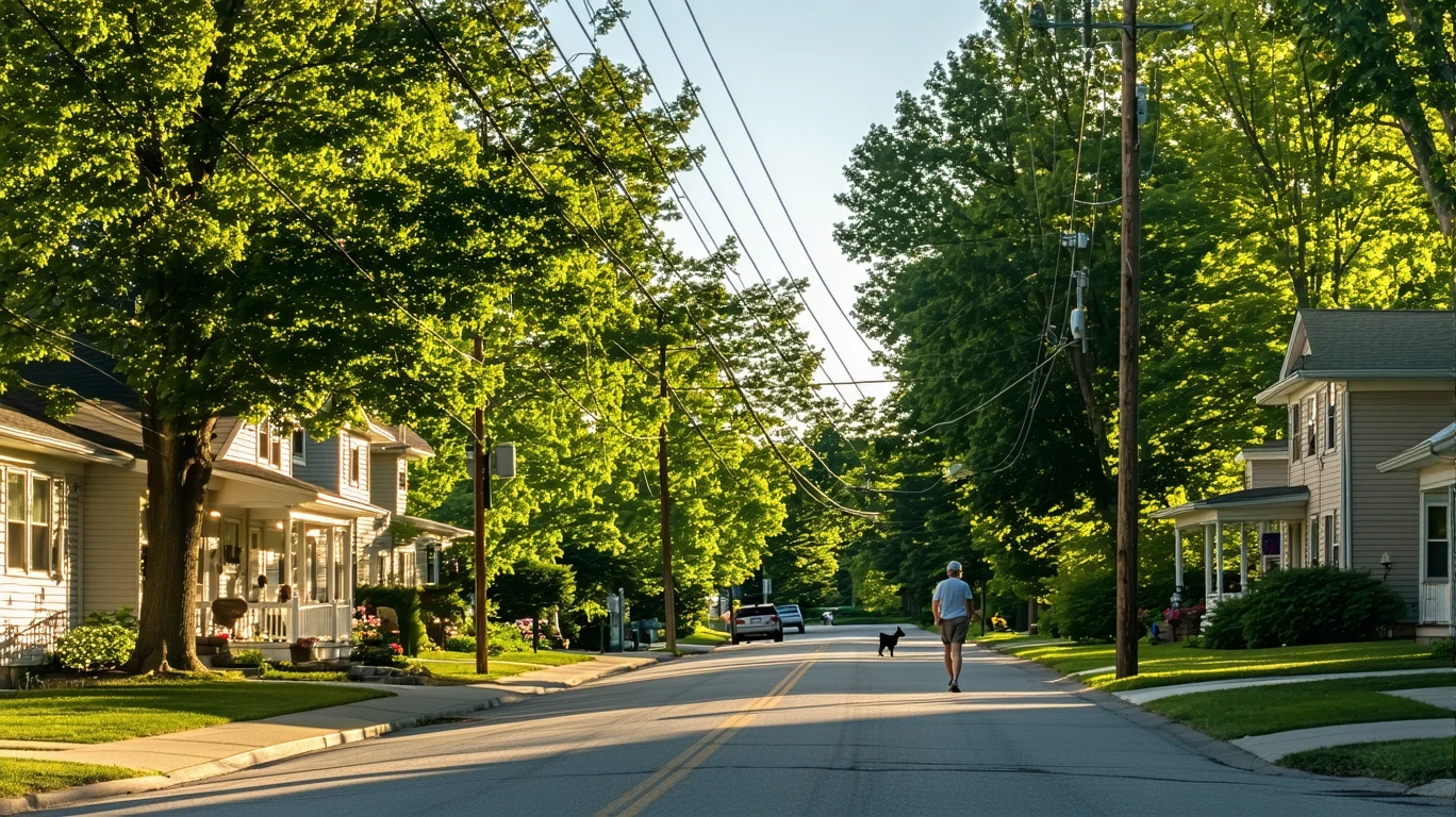 A tree-lined street in Burnsville with sunlight filtering through maple leaves, telephone wires above, and a person walking their dog in the distance.