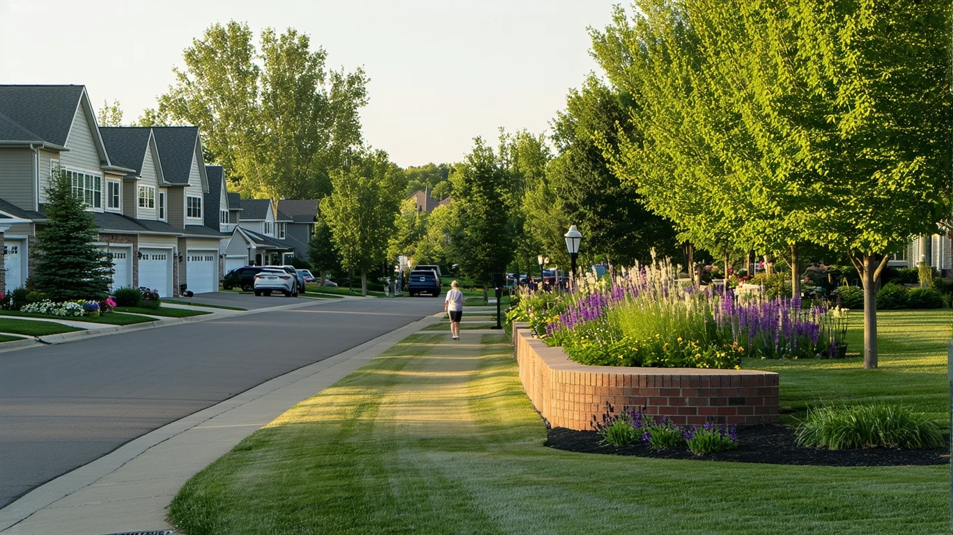 A quiet suburban cul-de-sac lined with single-family homes and a low brick wall with native plants in the foreground.