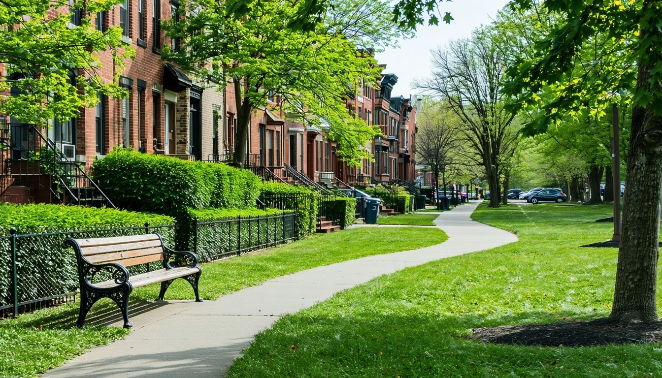 Philadelphia neighborhood park with walking path, manicured hedges, a bench, and rowhouses visible across the street.