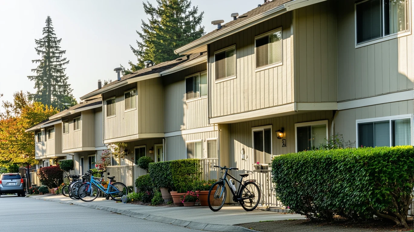 A tidy row of garden apartments in Sunnyvale, California with bicycles resting near shaded doorways and lush potted plants.