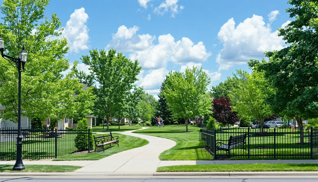 Daytime view of a manicured neighborhood park in Columbus, Ohio with walking paths, benches, and trees.