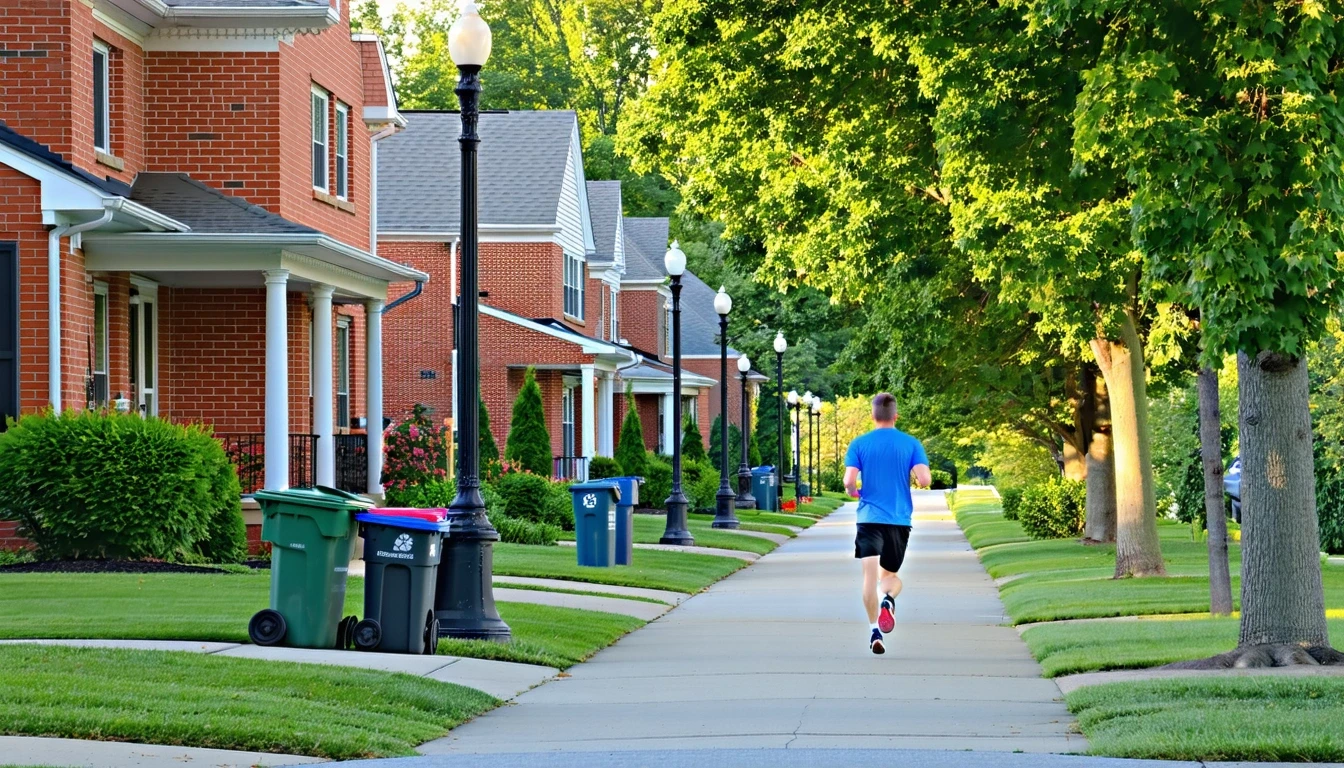 An orderly street in Westerville, Ohio with brick homes, sidewalks, and a jogger running past recycling bins on pickup day.