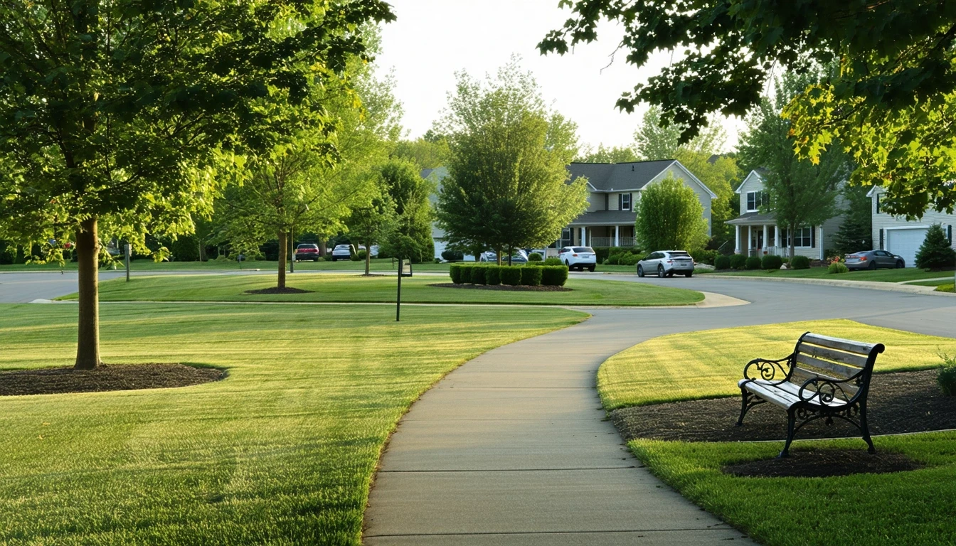A view of a neighborhood park in Grove City, Ohio with a path, bench, manicured lawn, and homes visible in the background.
