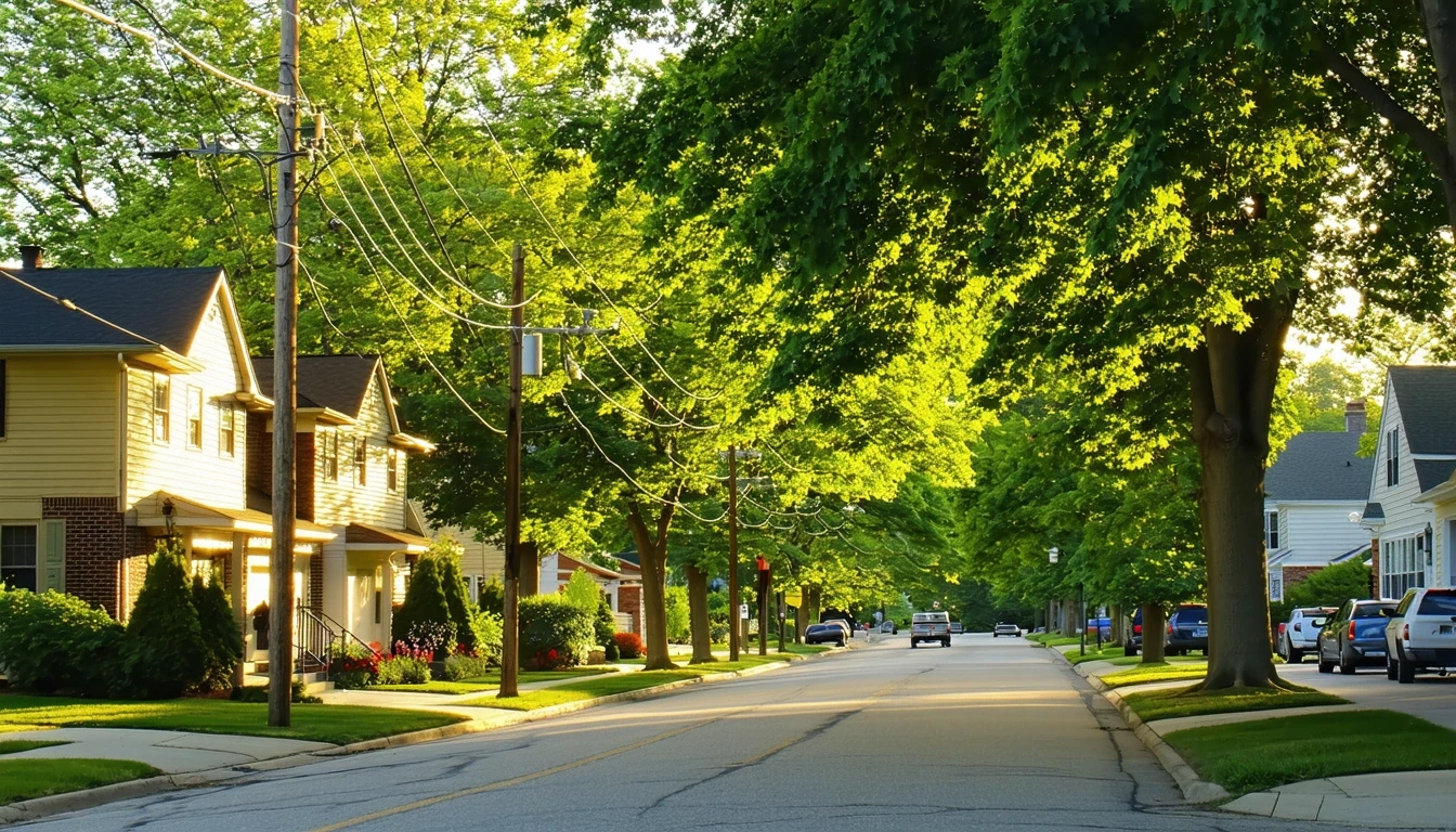 A tree-lined residential street in Dublin, Ohio with sunlight filtering through maple leaves onto the pavement.