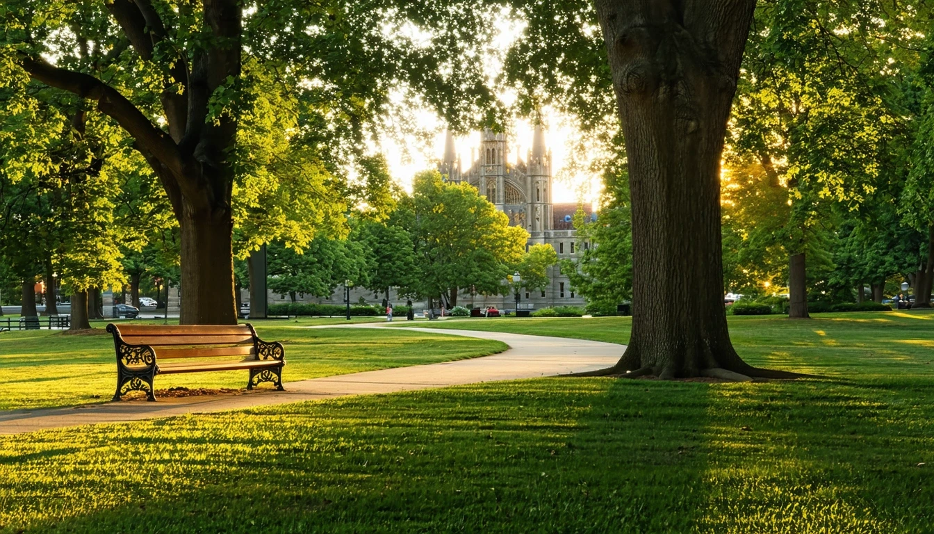 A park in Ann Arbor, Michigan with empty benches, old oak trees, and university buildings in the distance.